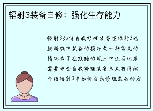 辐射3装备自修:强化生存能力